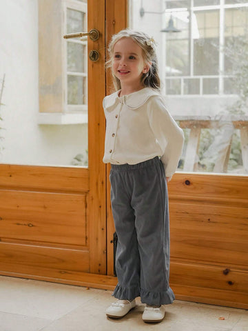 Vintaside Kids Young Girl Beige Collar Wavy Line Shirt, Casual All-Match Versatile Suitable For Spring, Fall And Winter