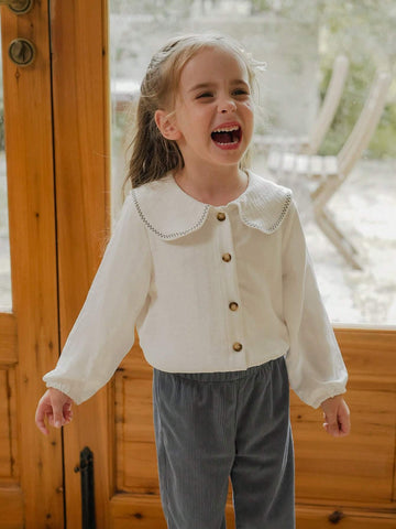 Vintaside Kids Young Girl Beige Collar Wavy Line Shirt, Casual All-Match Versatile Suitable For Spring, Fall And Winter