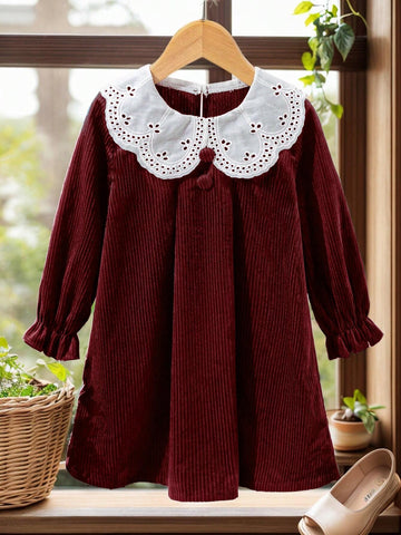 Vintaside Kids Young Girl Casual Color Block Hollow Embroidered Collar Dress, Autumn