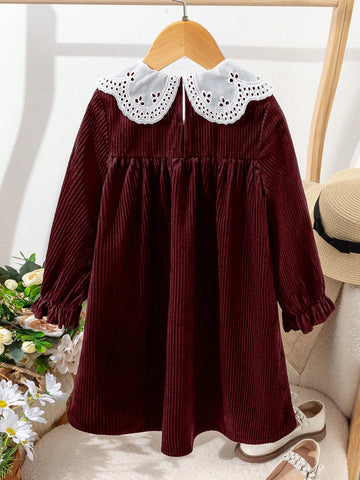 Vintaside Kids Young Girl Casual Color Block Hollow Embroidered Collar Dress, Autumn