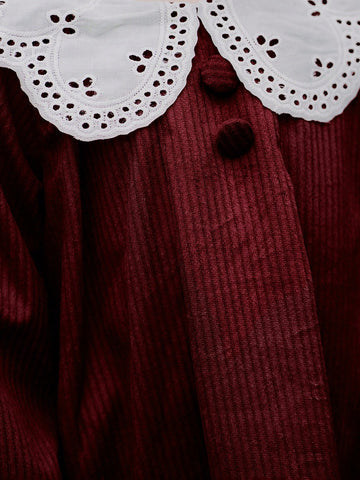 Vintaside Kids Young Girl Casual Color Block Hollow Embroidered Collar Dress, Autumn