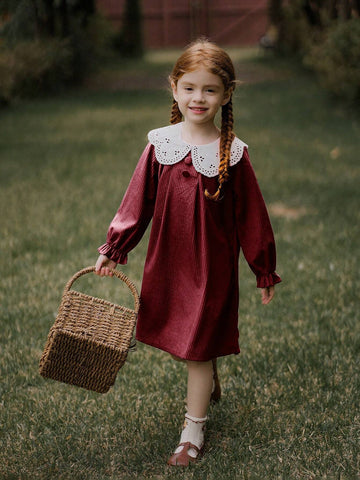 Vintaside Kids Young Girl Casual Color Block Hollow Embroidered Collar Dress, Autumn