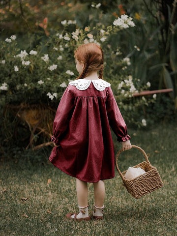 Vintaside Kids Young Girl Casual Color Block Hollow Embroidered Collar Dress, Autumn