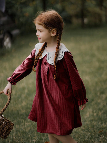 Vintaside Kids Young Girl Casual Color Block Hollow Embroidered Collar Dress, Autumn
