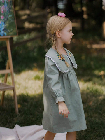 Vintaside Kids Young Girl Casual Floral Embroidery Dress, Autumn