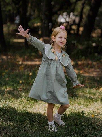 Vintaside Kids Young Girl Casual Floral Embroidery Dress, Autumn