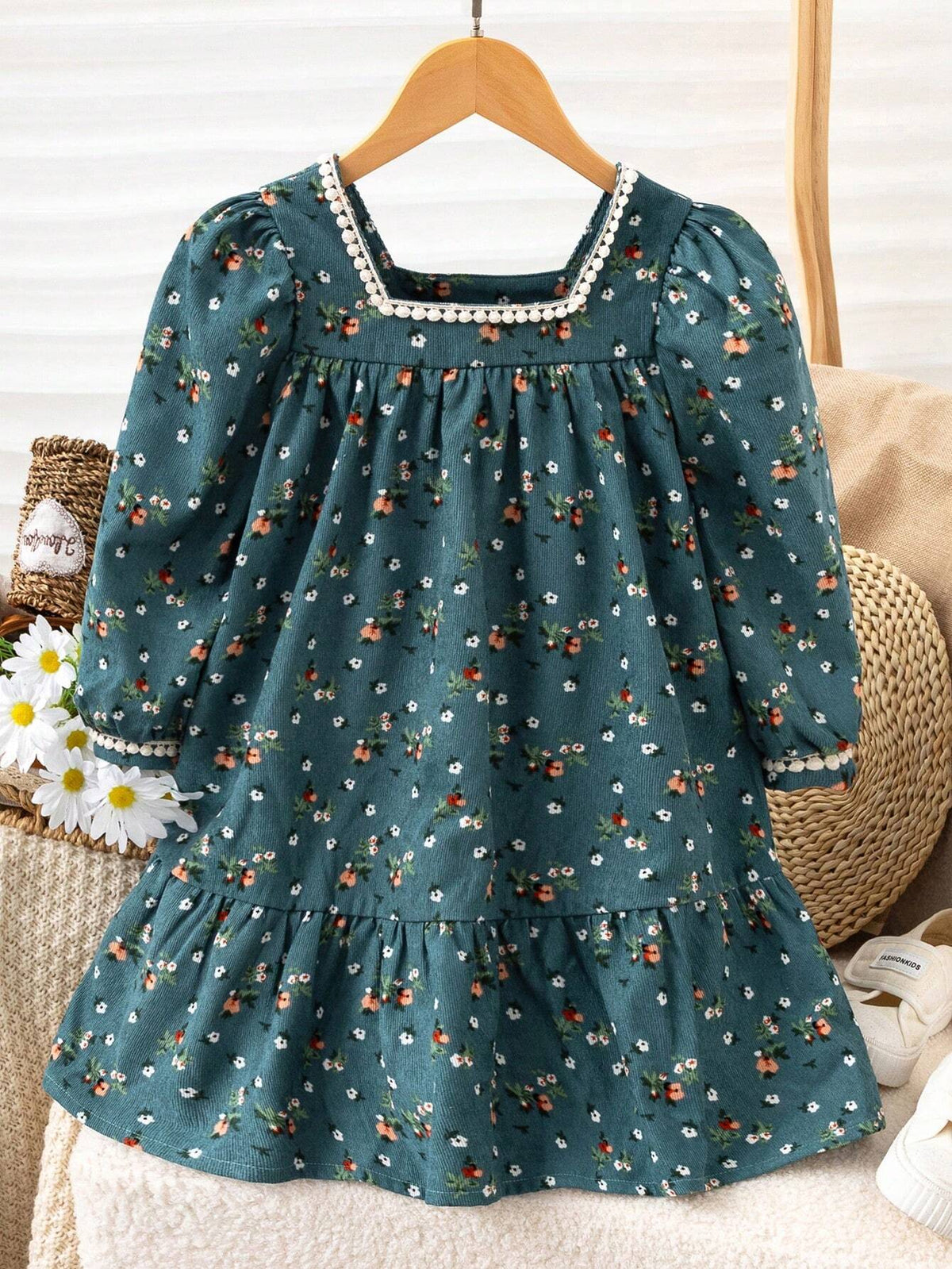 Vintaside Kids Young Girl Ditsy Floral Square Collar Puff Sleeve Ruffle Hem Cute Loose Dress