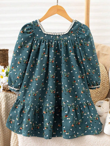 Vintaside Kids Young Girl Ditsy Floral Square Collar Puff Sleeve Ruffle Hem Cute Loose Dress