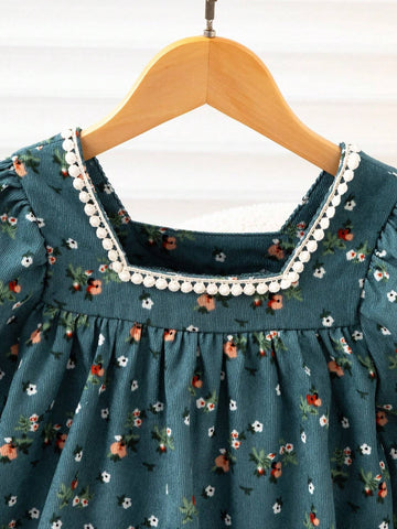 Vintaside Kids Young Girl Ditsy Floral Square Collar Puff Sleeve Ruffle Hem Cute Loose Dress