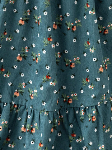 Vintaside Kids Young Girl Ditsy Floral Square Collar Puff Sleeve Ruffle Hem Cute Loose Dress