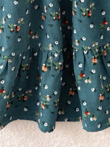 Vintaside Kids Young Girl Ditsy Floral Square Collar Puff Sleeve Ruffle Hem Cute Loose Dress