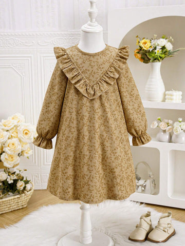 Young Girl' Fashionable Casual Basic Sweet Elegant Corduroy Floral Fabric 3D Warm Comfortable Cozy Vivid Suitable For Party, Gathering, Outing, Shopping, Vacation, Daily Wear, Spring, Autumn, Winter, Sweet Sweetheart Fitted Long Sleeve Dress