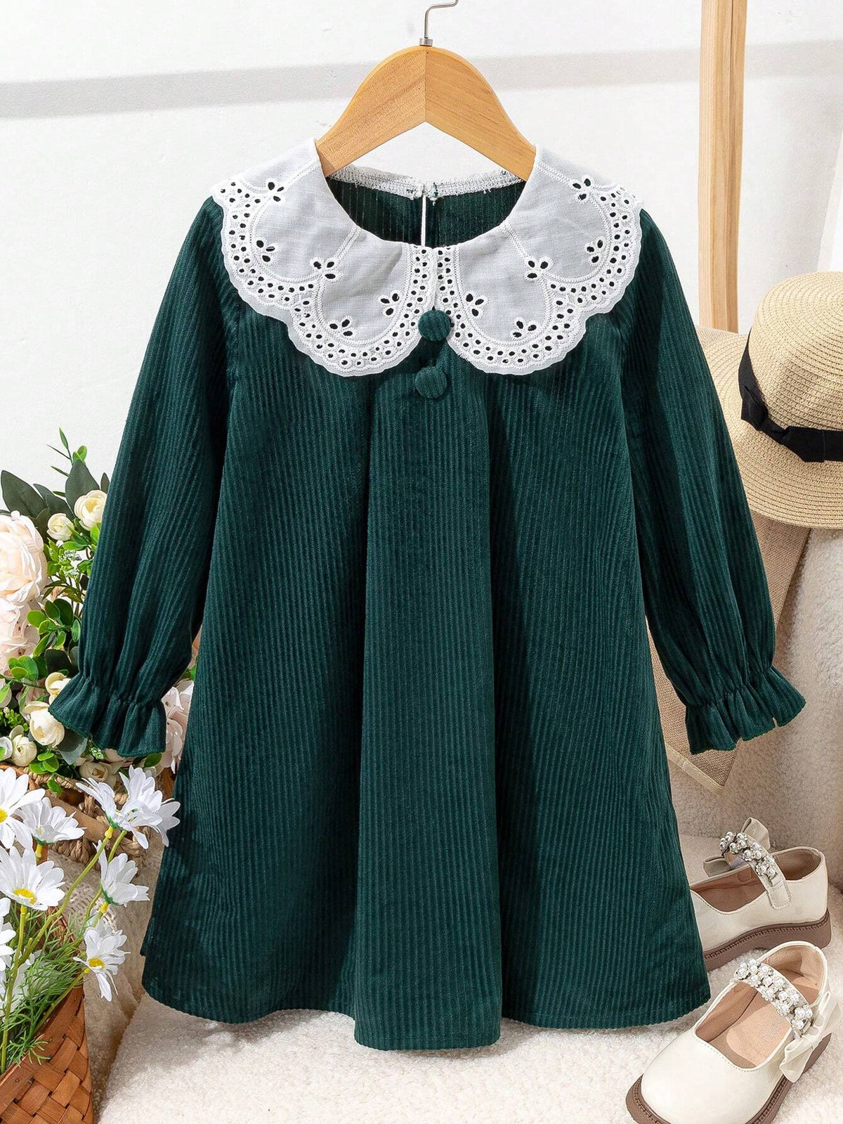 Vintaside Kids Young Girl Floral Embroidery & Ruffle Hem Long Sleeve Casual Dress, Fall & Spring