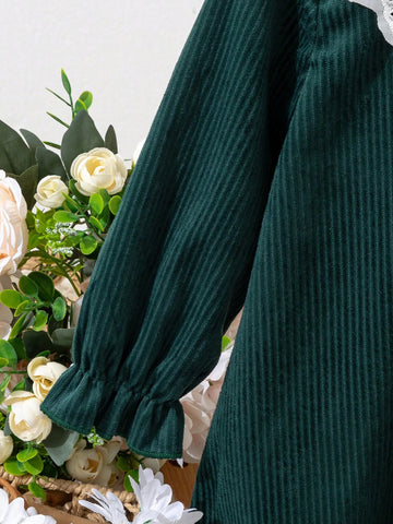 Vintaside Kids Young Girl Floral Embroidery & Ruffle Hem Long Sleeve Casual Dress, Fall & Spring