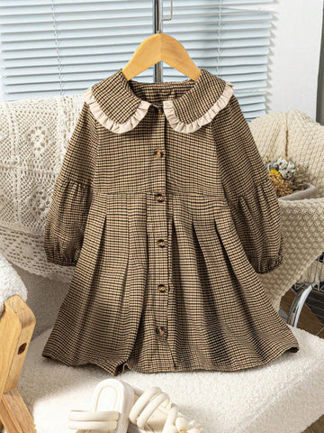 Vintaside Kids Young Girl Peter Pan Collar Long Sleeve Plaid Single Breasted Fashion Dress