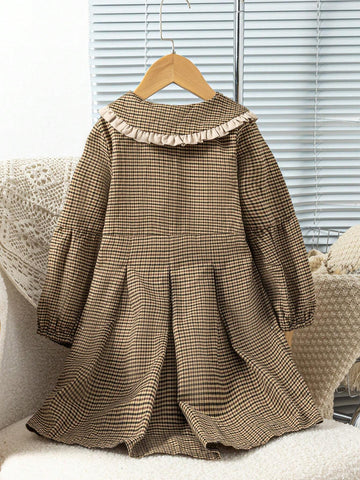 Vintaside Kids Young Girl Peter Pan Collar Long Sleeve Plaid Single Breasted Fashion Dress