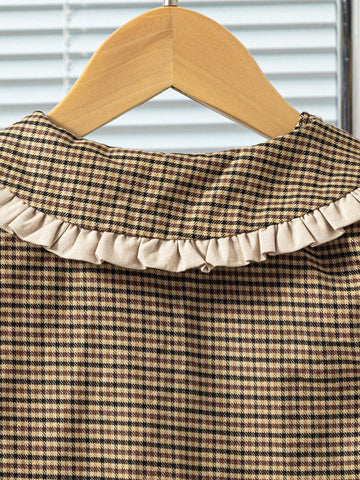 Vintaside Kids Young Girl Peter Pan Collar Long Sleeve Plaid Single Breasted Fashion Dress