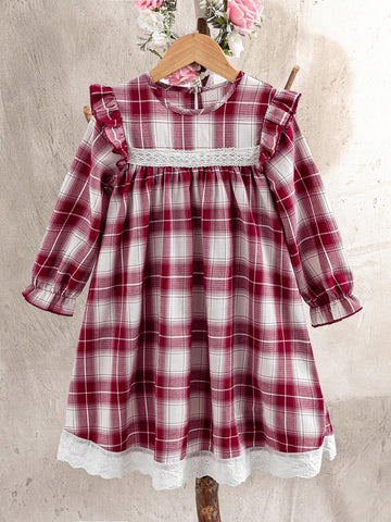 Vintaside Kids Young Girl Plaid Print Lace Patchwork Ruffle Hem Long Sleeve Dress