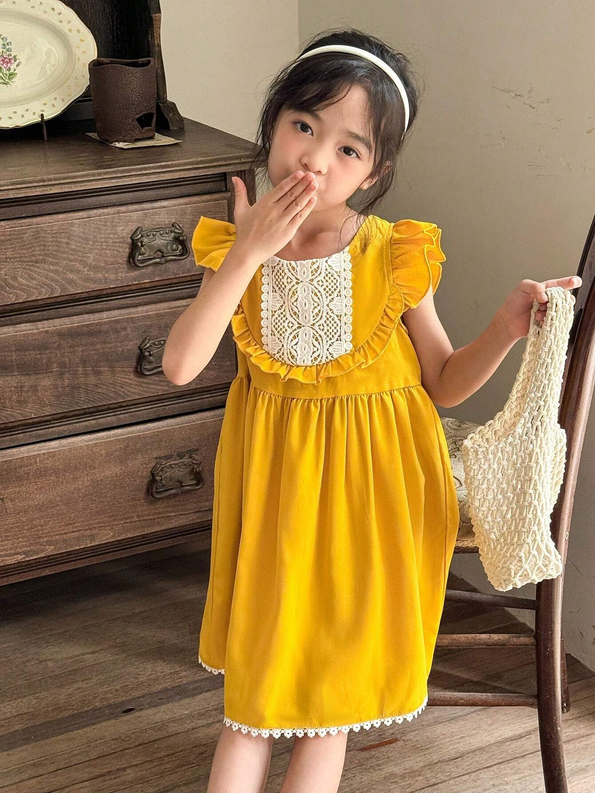 Vintaside Kids Young Girl Yellow Lace Dress With Country Style