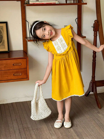 Vintaside Kids Young Girl Yellow Lace Dress With Country Style