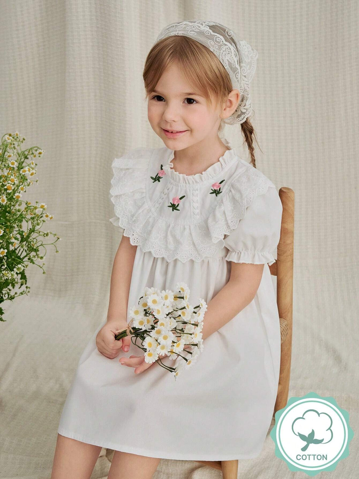 Vintaside Kids Young Girl's Embroidered Lace Collar Countryside Style Vintage Holiday Dress