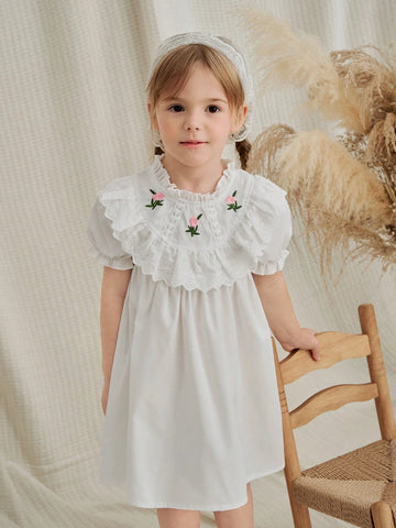 Vintaside Kids Young Girl's Embroidered Lace Collar Countryside Style Vintage Holiday Dress