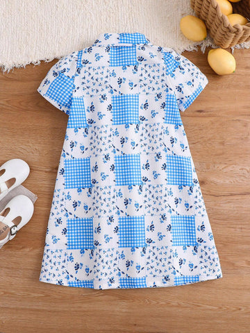 Vintaside Kids Young Girl's French Countryside Vacation Blue Plaid & Ditsy Floral Forest Lady Comfortable Babydoll Collar Dress, Suitable For Summer, Autumn, Picnic, And Family Gathering.