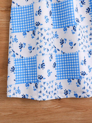 Vintaside Kids Young Girl's French Countryside Vacation Blue Plaid & Ditsy Floral Forest Lady Comfortable Babydoll Collar Dress, Suitable For Summer, Autumn, Picnic, And Family Gathering.