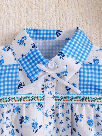 Vintaside Kids Young Girl's French Countryside Vacation Blue Plaid & Ditsy Floral Forest Lady Comfortable Babydoll Collar Dress, Suitable For Summer, Autumn, Picnic, And Family Gathering.