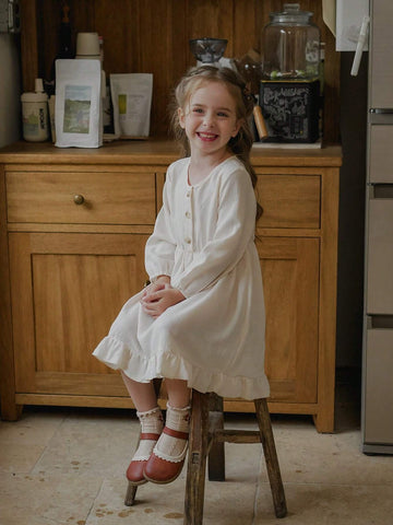 Vintaside Kids Young Girls Ivory Rib Knit Casual Dress, Comfy Countryside Style, Suitable For Spring, Autumn And Winter, All-Match & Versatile