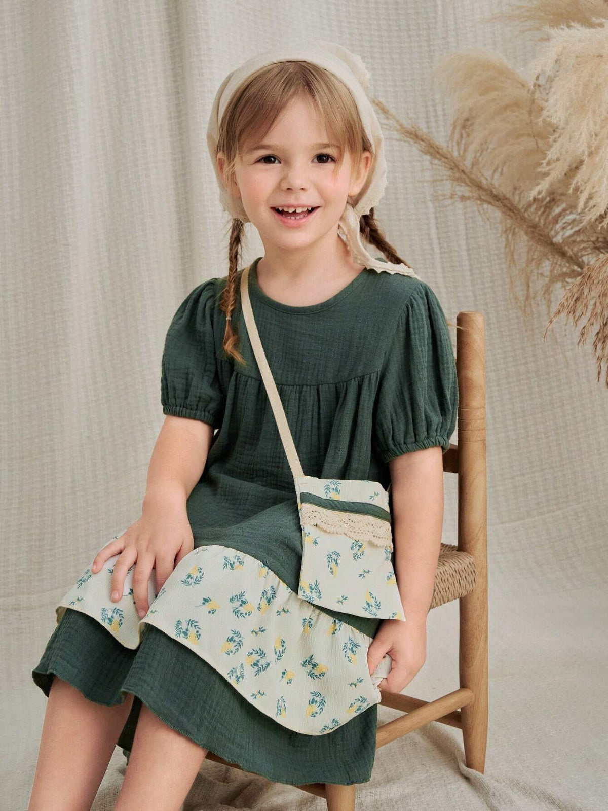 Vintaside Kids Young Girls' Round Neck Puff Sleeve Dress With Linen Patchwork And Floral Print, Featuring A Bag Strap