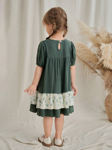 Vintaside Kids Young Girls' Round Neck Puff Sleeve Dress With Linen Patchwork And Floral Print, Featuring A Bag Strap