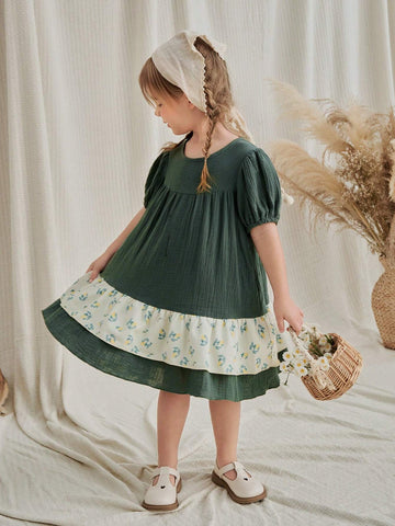 Vintaside Kids Young Girls' Round Neck Puff Sleeve Dress With Linen Patchwork And Floral Print, Featuring A Bag Strap