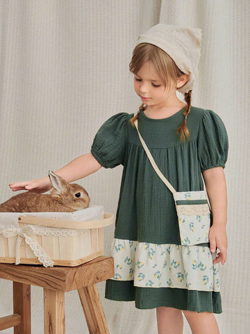 Vintaside Kids Young Girls' Round Neck Puff Sleeve Dress With Linen Patchwork And Floral Print, Featuring A Bag Strap