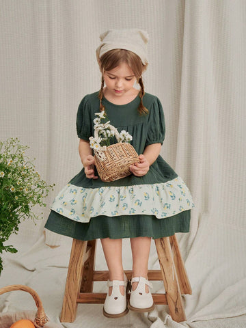 Vintaside Kids Young Girls' Round Neck Puff Sleeve Dress With Linen Patchwork And Floral Print, Featuring A Bag Strap