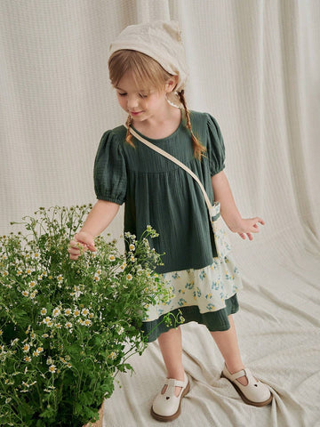 Vintaside Kids Young Girls' Round Neck Puff Sleeve Dress With Linen Patchwork And Floral Print, Featuring A Bag Strap