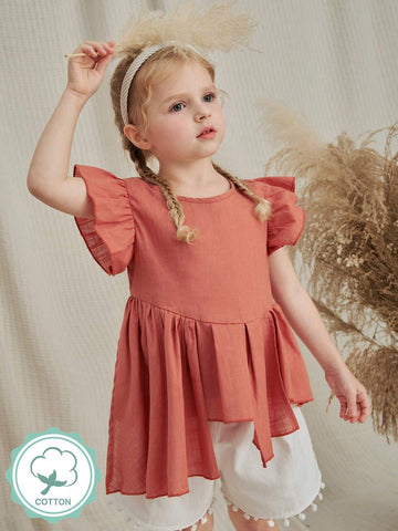 Vintaside Kids Young Girls' Rural Style Casual Cotton Linen Asymmetrical Hem Round Neck Blouse