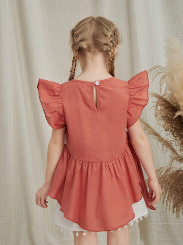 Vintaside Kids Young Girls' Rural Style Casual Cotton Linen Asymmetrical Hem Round Neck Blouse