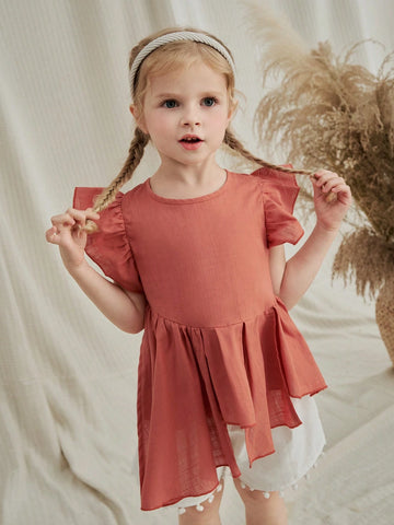 Vintaside Kids Young Girls' Rural Style Casual Cotton Linen Asymmetrical Hem Round Neck Blouse