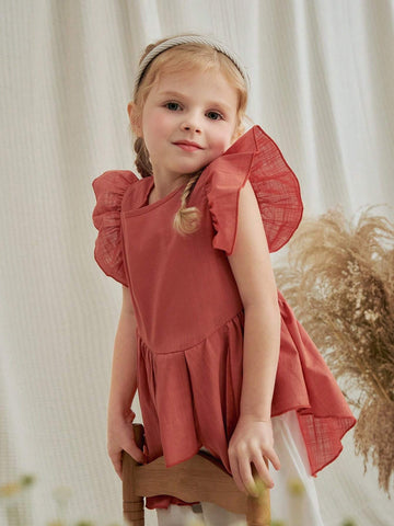 Vintaside Kids Young Girls' Rural Style Casual Cotton Linen Asymmetrical Hem Round Neck Blouse