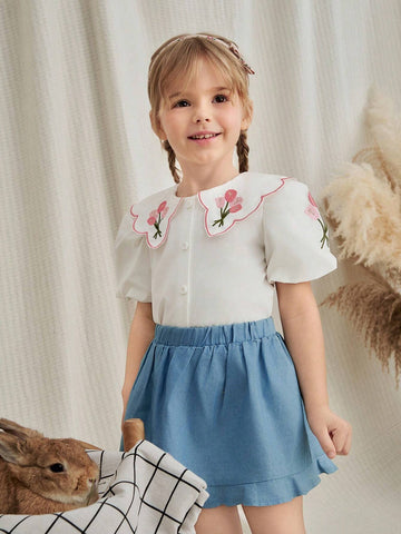 Kids Young Girls' Simple Daily Shirt With Floral Embroidery Decor