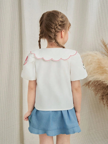 Kids Young Girls' Simple Daily Shirt With Floral Embroidery Decor