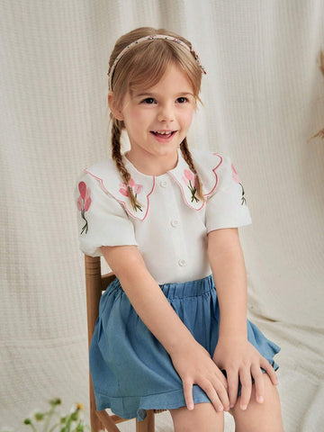 Kids Young Girls' Simple Daily Shirt With Floral Embroidery Decor