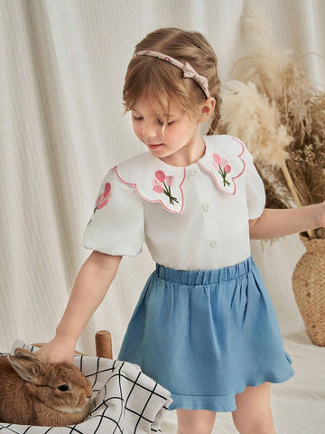 Kids Young Girls' Simple Daily Shirt With Floral Embroidery Decor