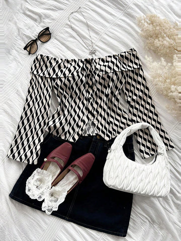 1pc Casual Off Shoulder Long Sleeve Wavy Stripe Blouse