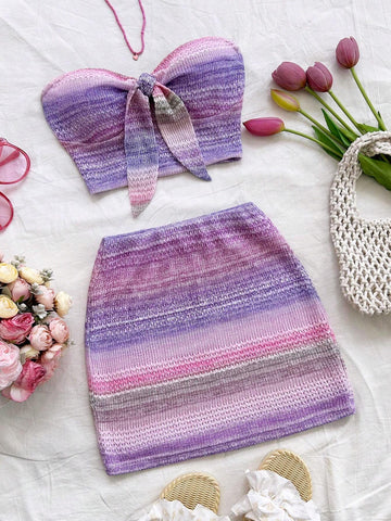 2pcs/Set Women's Vacation Pink Bandeau Tie Front Crop Top And Bodycon Mini Skirt