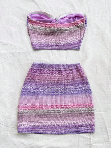 2pcs/Set Women's Vacation Pink Bandeau Tie Front Crop Top And Bodycon Mini Skirt