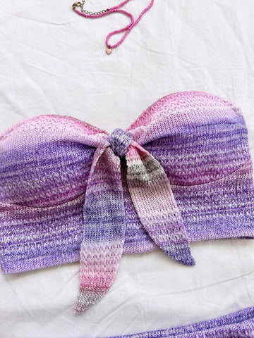 2pcs/Set Women's Vacation Pink Bandeau Tie Front Crop Top And Bodycon Mini Skirt