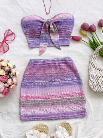 2pcs/Set Women's Vacation Pink Bandeau Tie Front Crop Top And Bodycon Mini Skirt