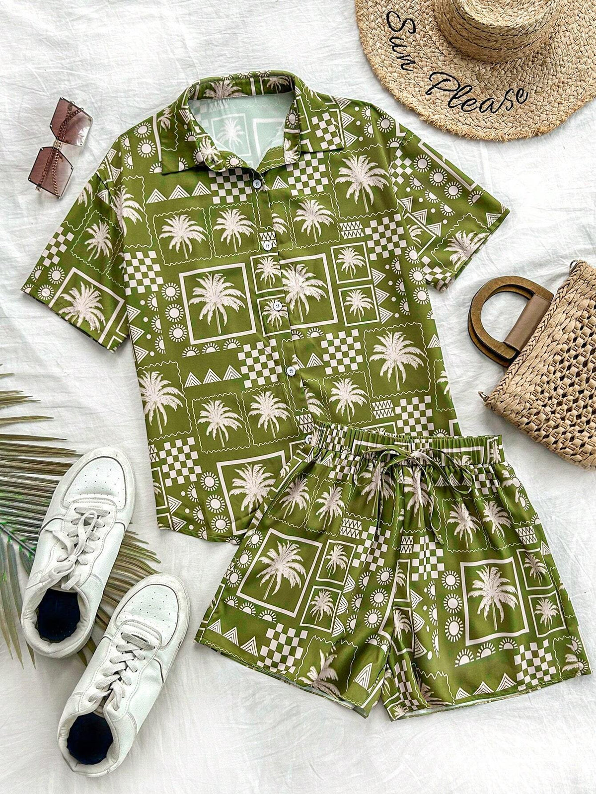 2pcs Beach Vacation Fun Print Shirt And Shorts Set, Leisure